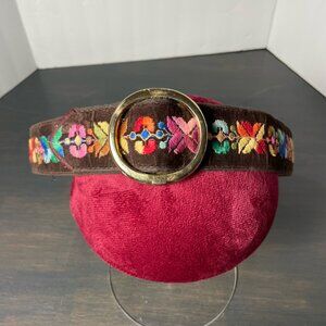 Vintage Boho Embroidered Brown Belt – Medium (34–36)